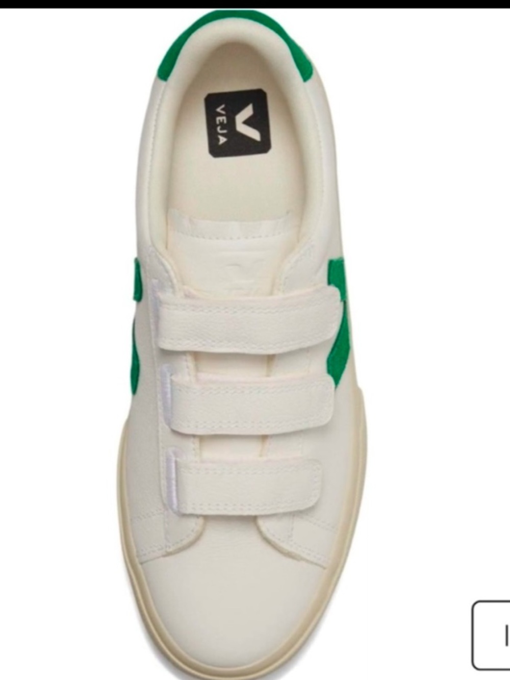 New Veja White Sneakers with Green Accents and Velcro Straps